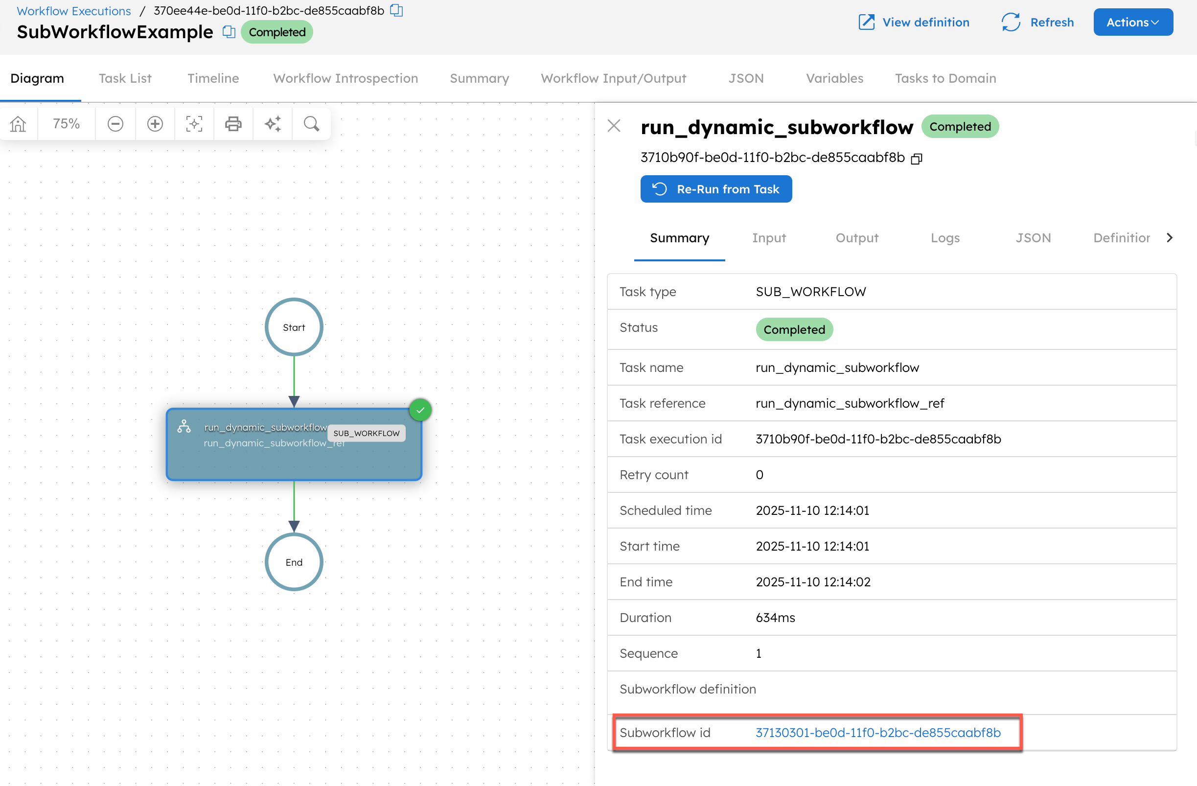 Viewing sub-workflow execution that was passed dynamically