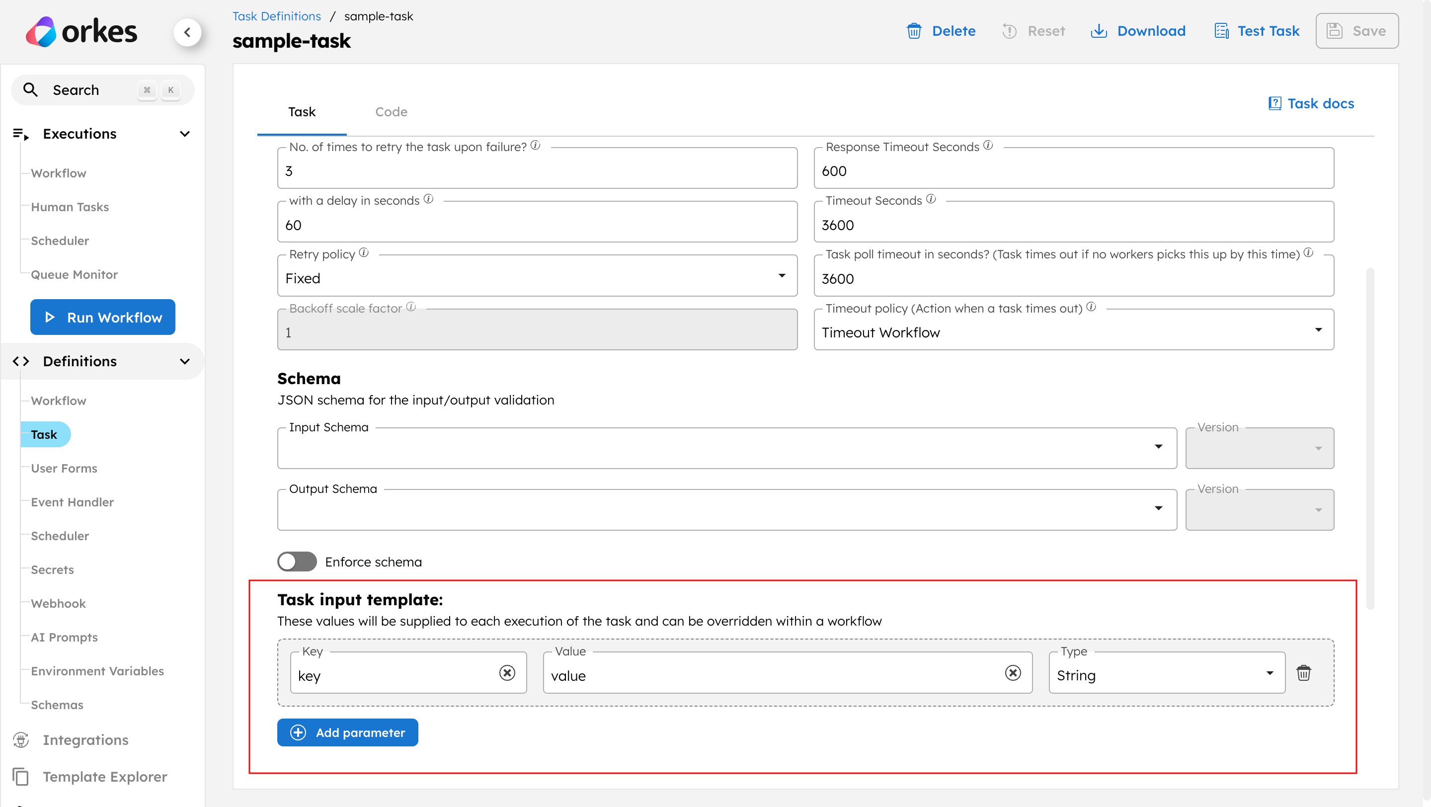 Task input template in task definition