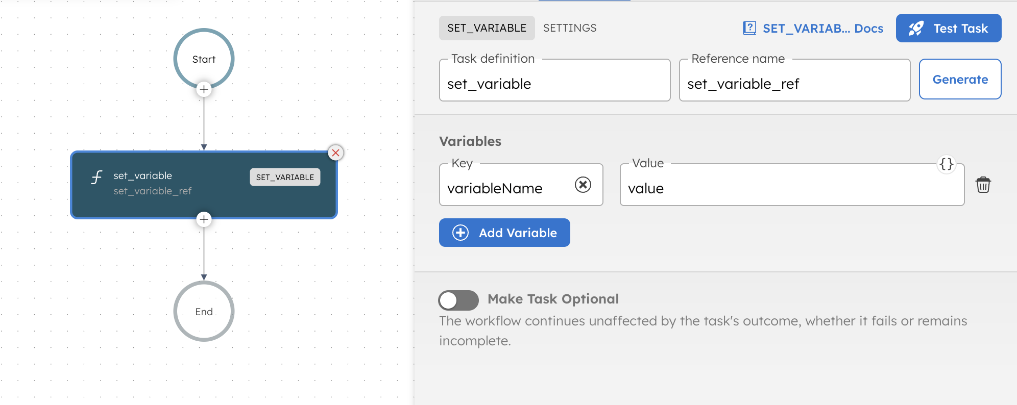 Screenshot of Set Variable Task in Orkes Conductor