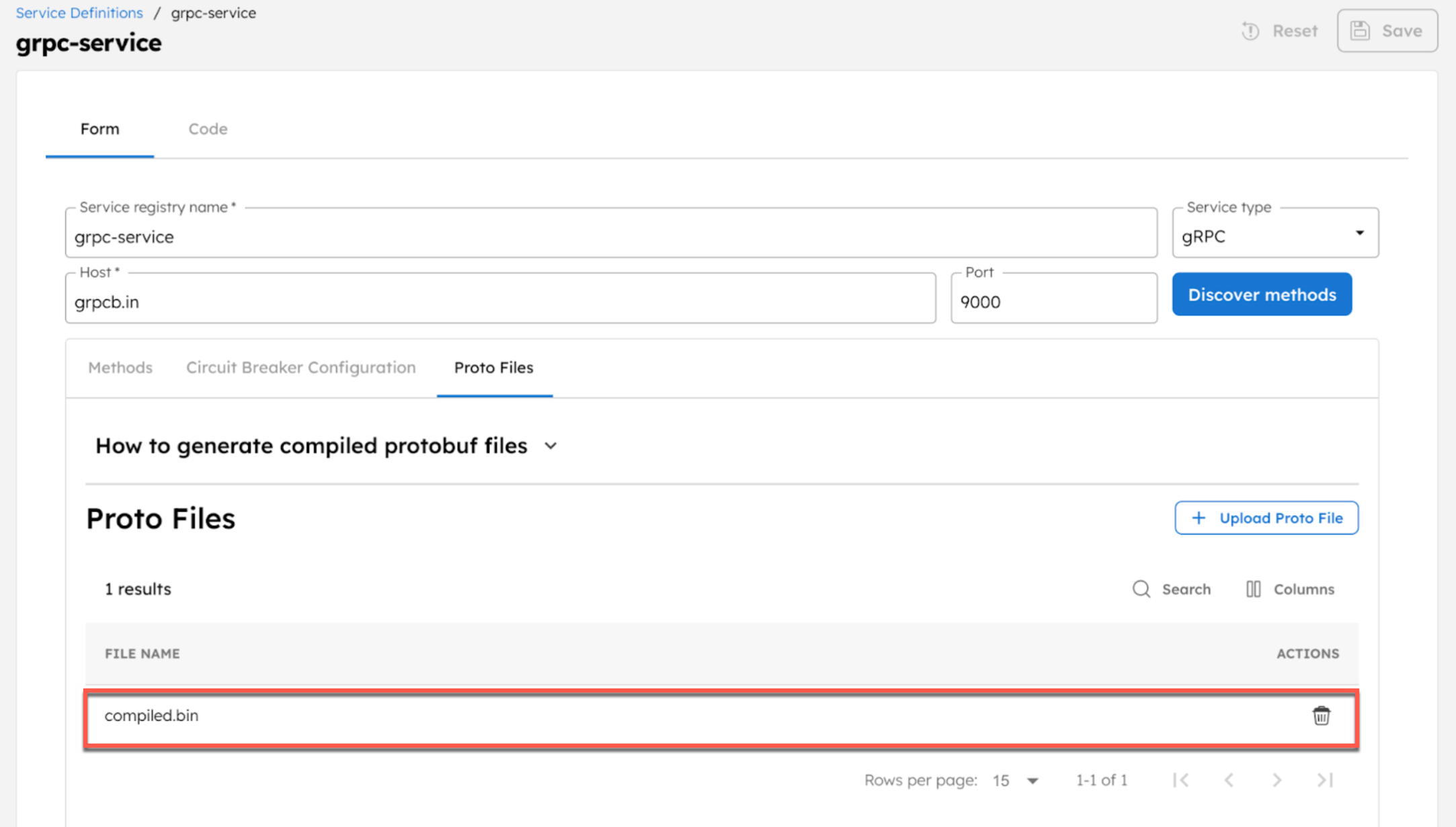 Uploading proto files for the gRPC services