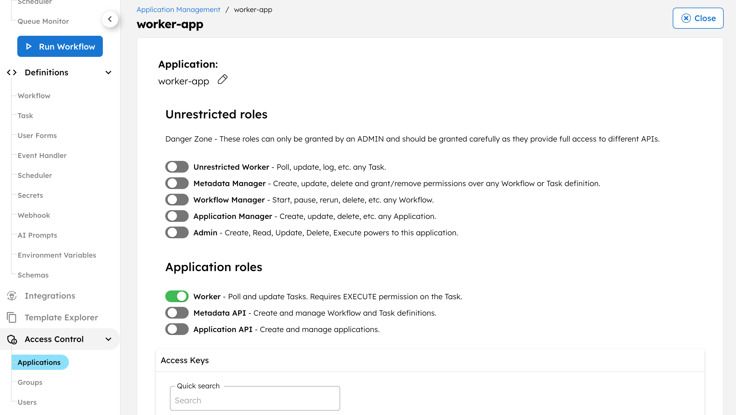 Add worker to application account in Orkes Conductor