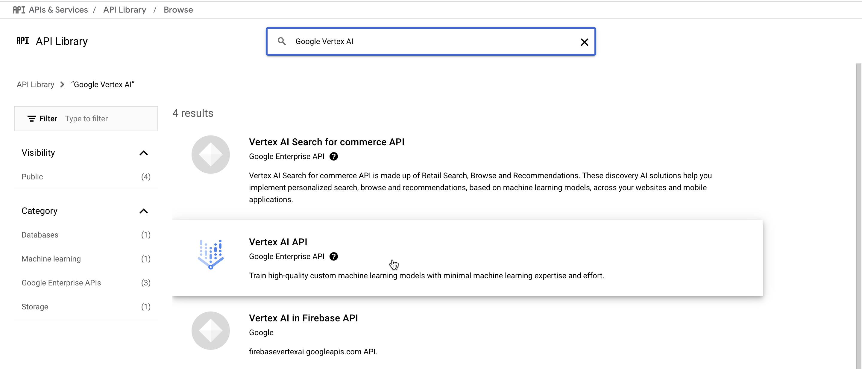 Searching for Vertex AI API in API Library