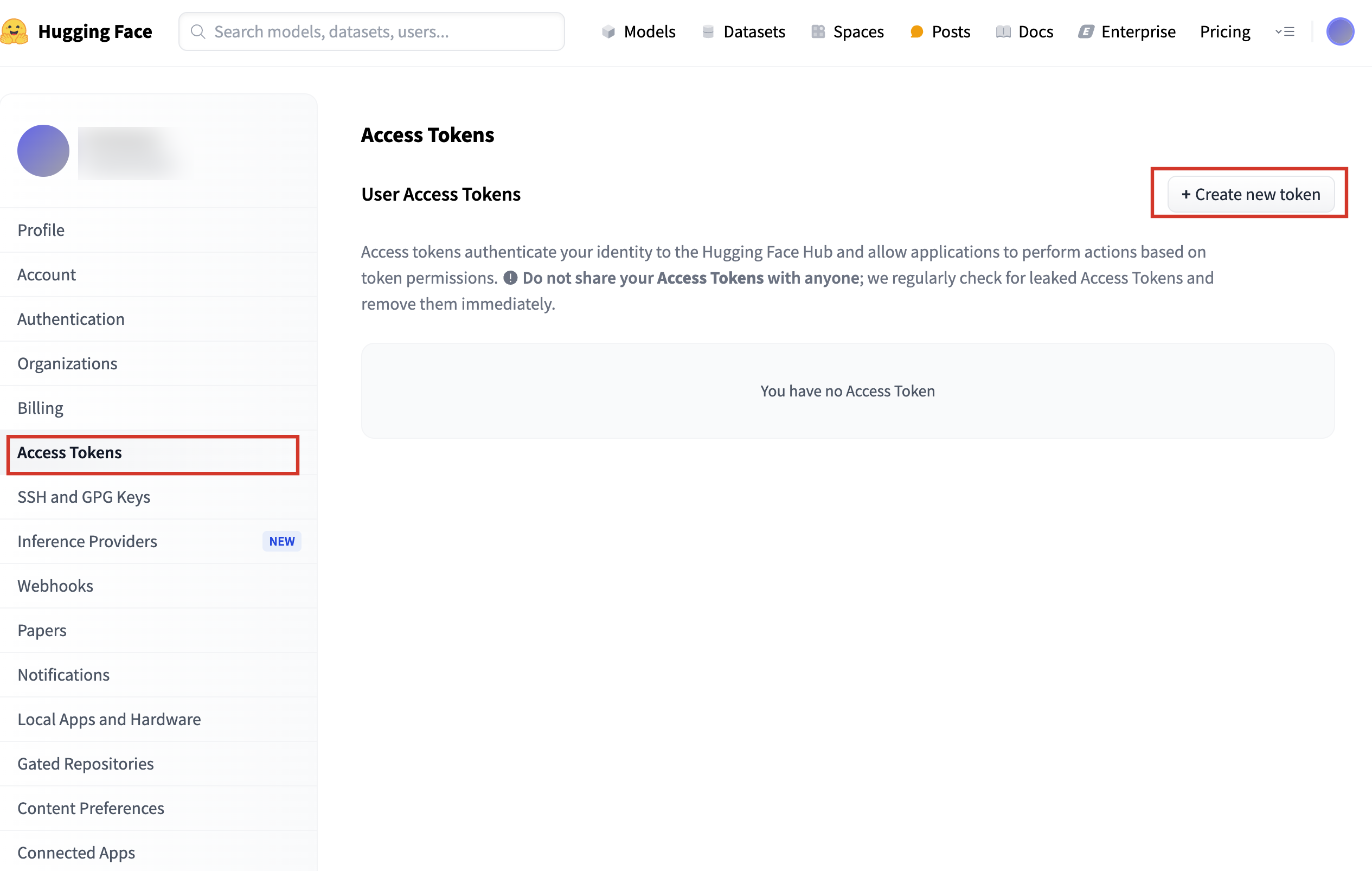 Get API Keys from Hugging Face platform