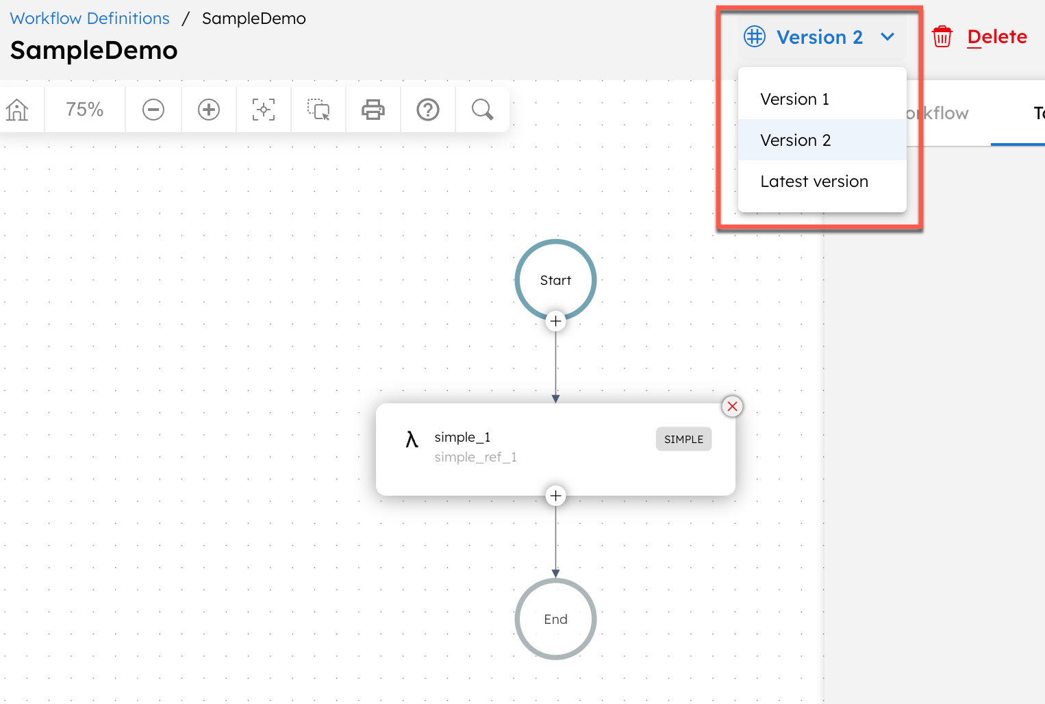 Screenshot of the Orkes Conductor UI, showing the version dropdown view in the visual workflow builder.