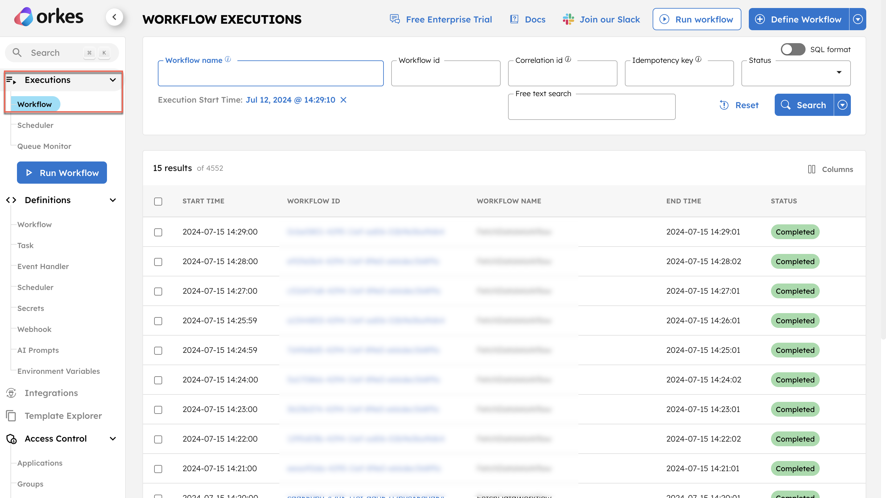 Workflow Executions page