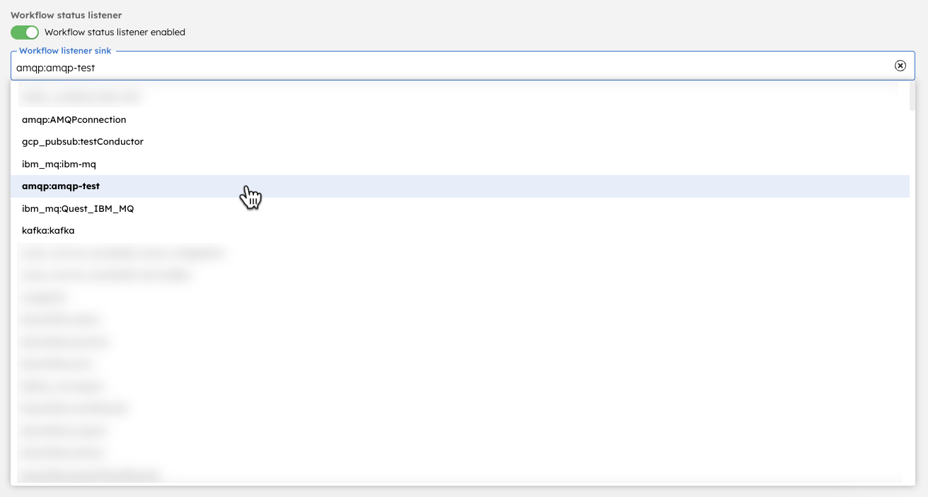 Drop-down listing the integrations for workflow listener sink