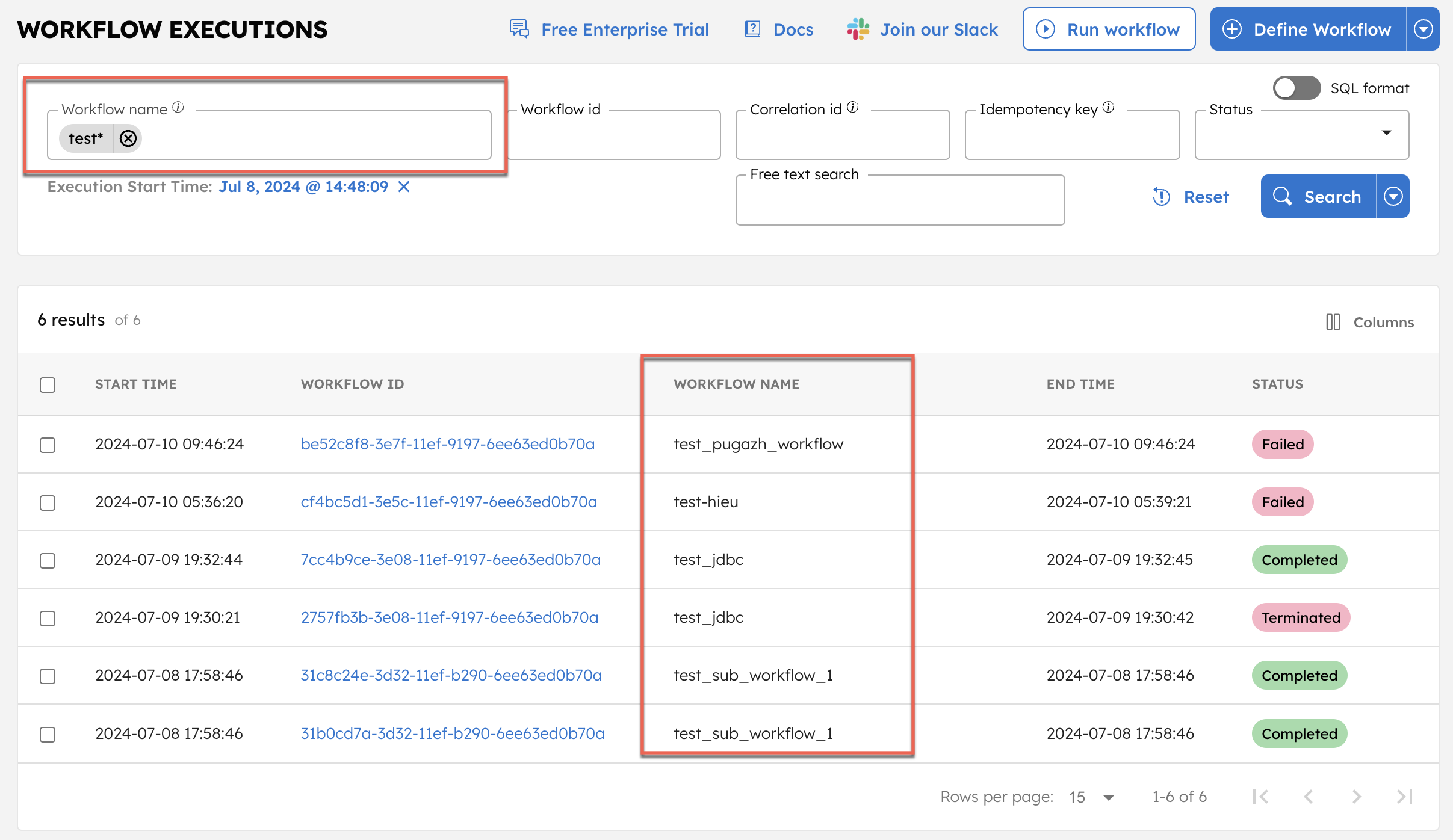 Workflow search with wildcard support
