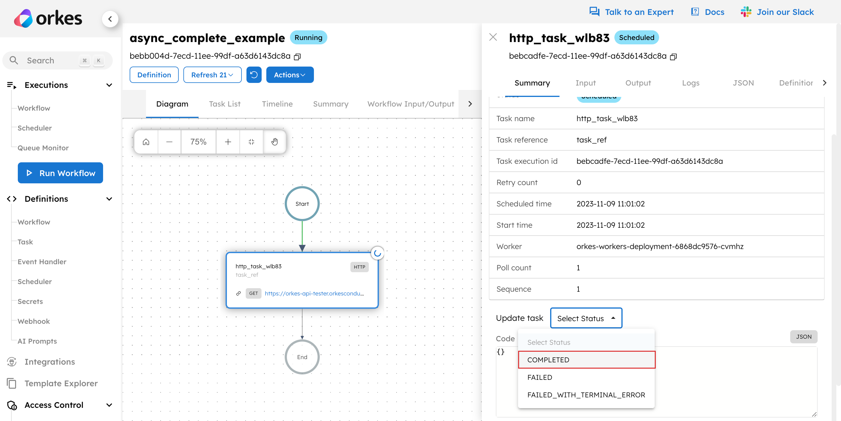 Updating workflow status from Conductor UI