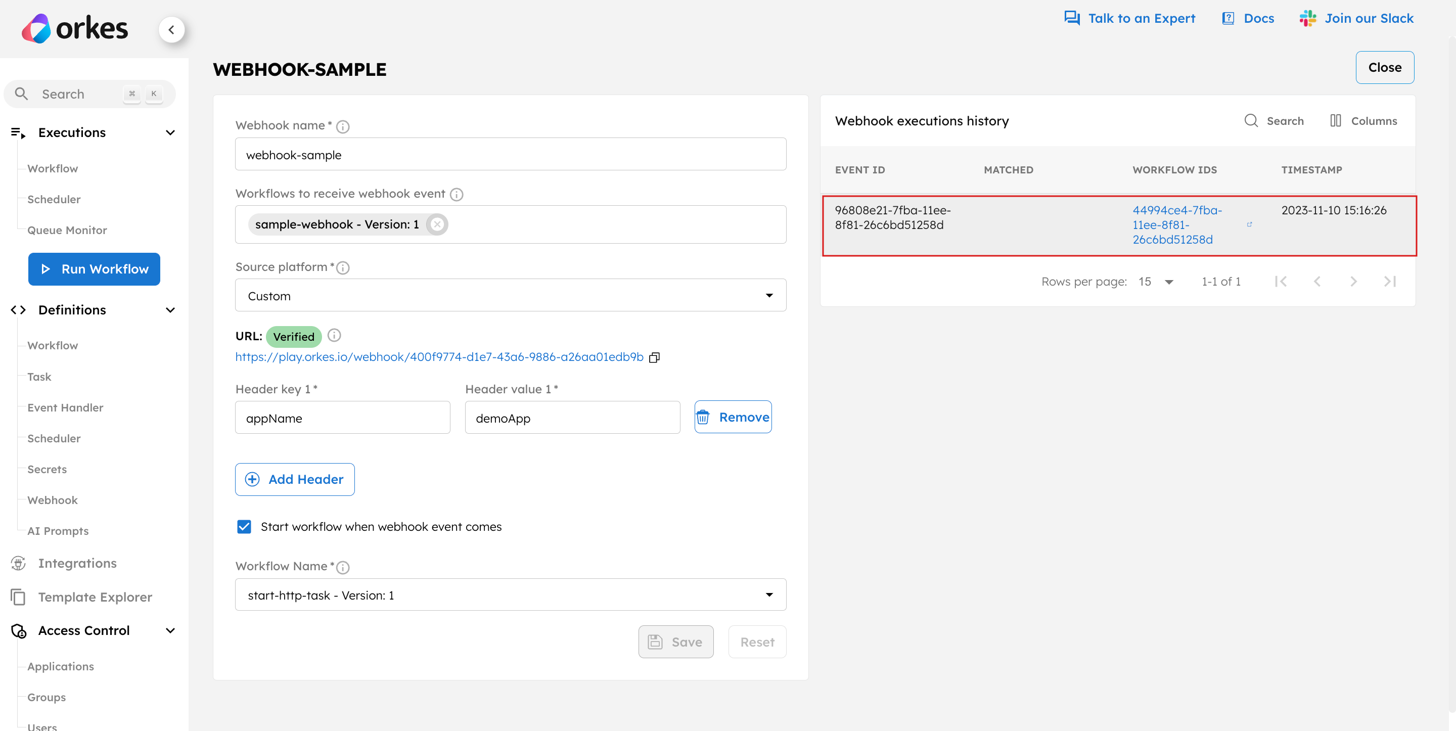 Workflow with webhook task triggered on receiving webhook event
