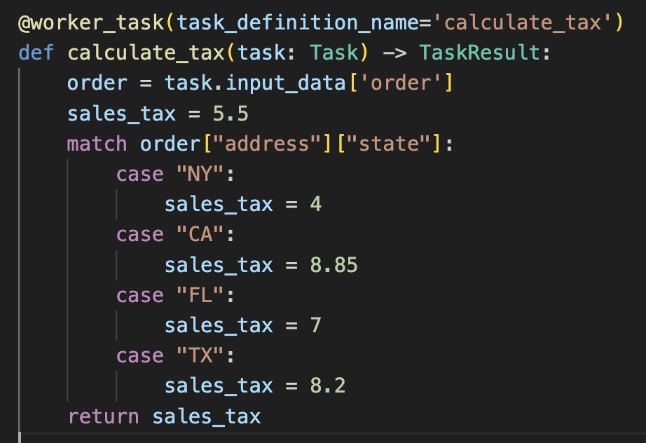 Code sample showing the tax calculation logic in Python.