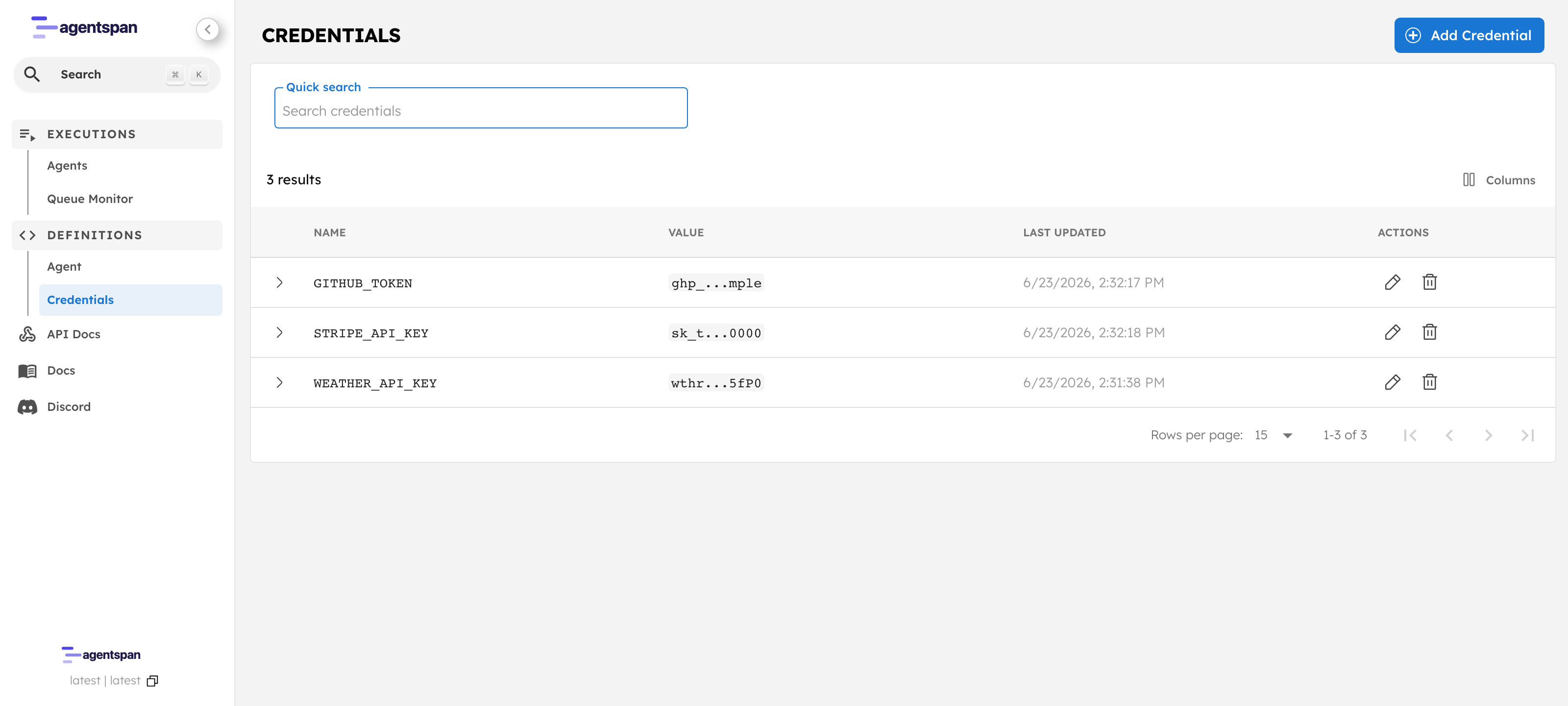 Agentspan credential store listing three credentials with masked values