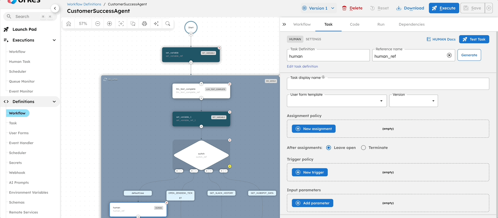 Set up an HTTP task, for the OPEN_ZENDESK_TICKET switch case