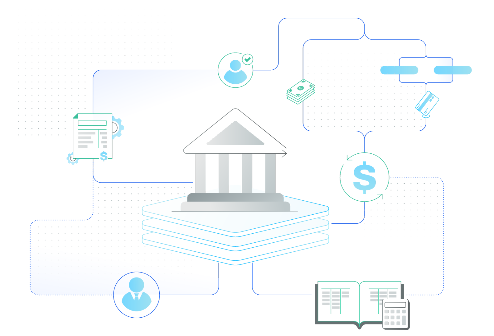 Financial services workflow orchestration diagram with banking and payment tasks