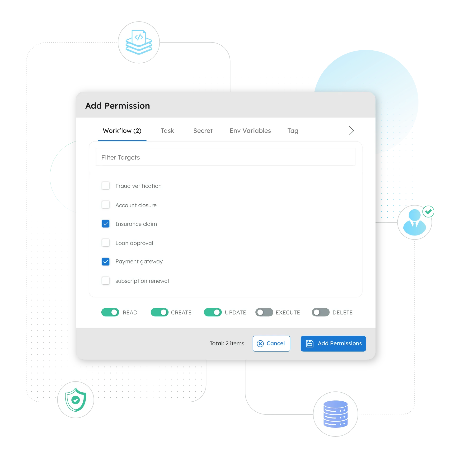 Add Permission dialog for financial workflows in Orkes