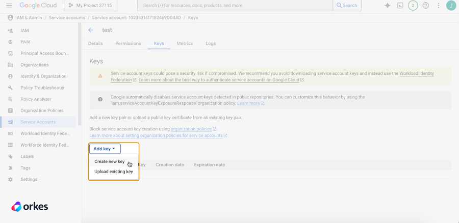 Creating service account key from GCP project