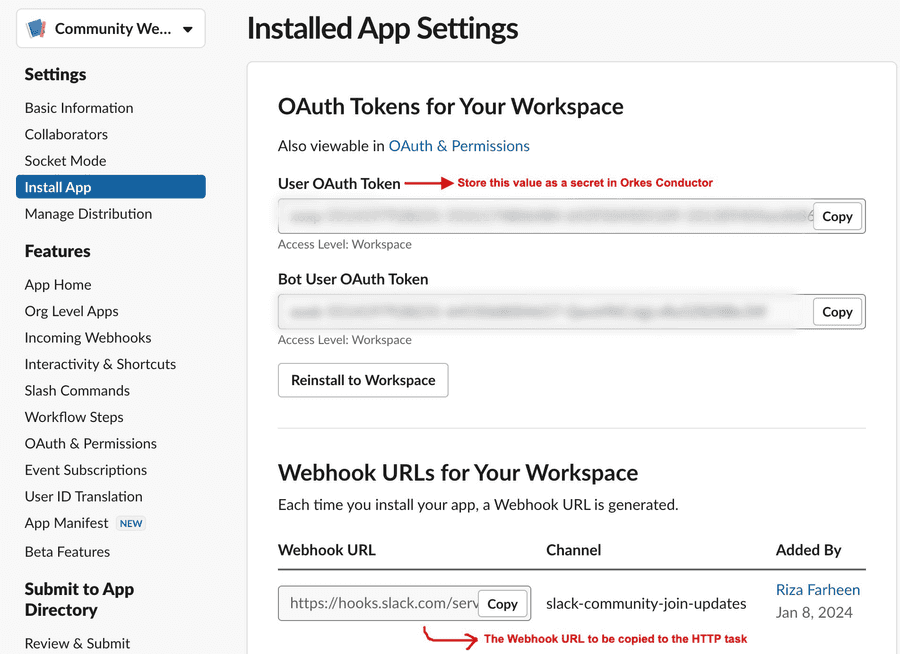 OAuth tokens & webhook URL
