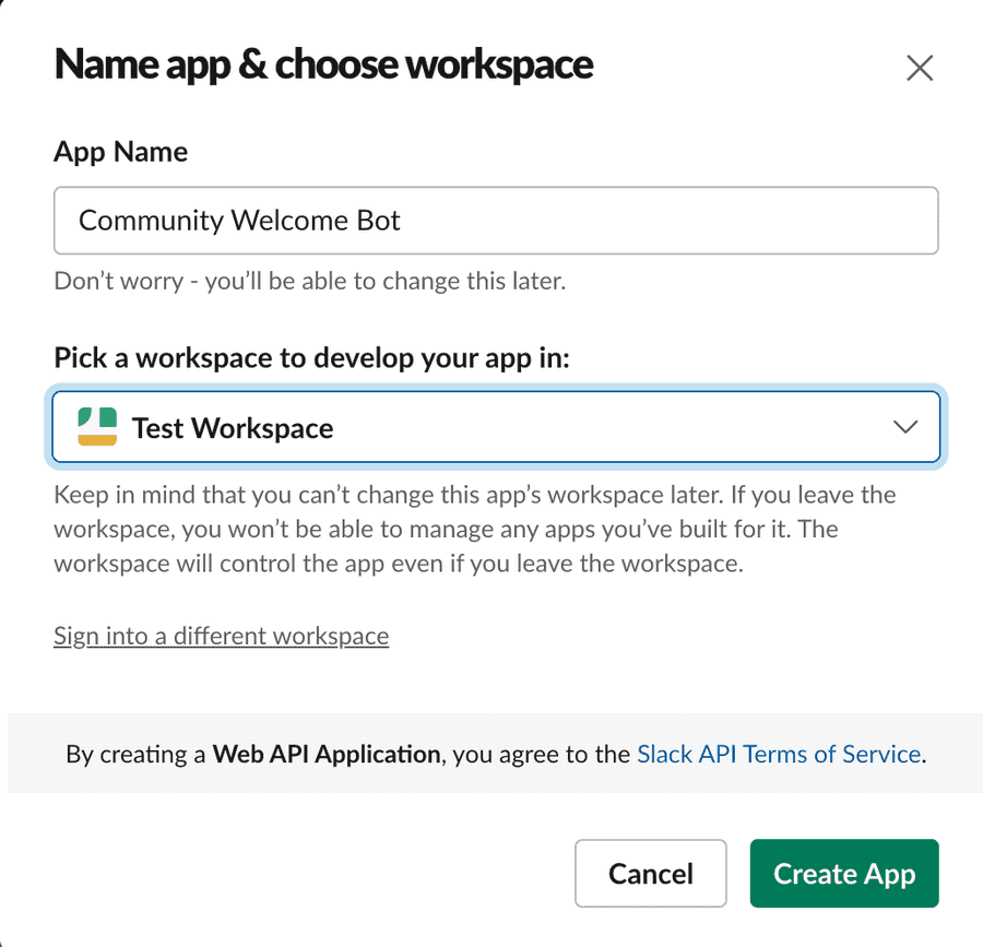 Creating Slack Bot - Name & workspace creation