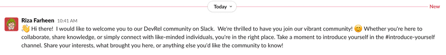 Initial welcome message received by the community user