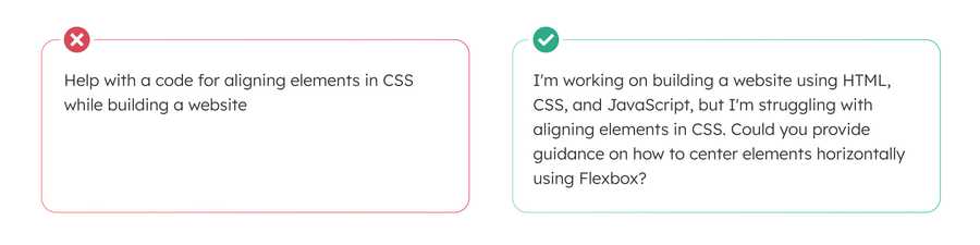 Example illustrating a good and bad prompt for building a website