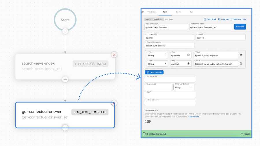 Screenshot of the LLM Text Complete task in Orkes Conductor.